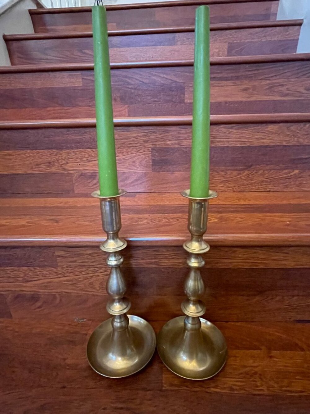 Vintage Solid Brass Candlestick Holders with Drip Pans - Pair Candles Included